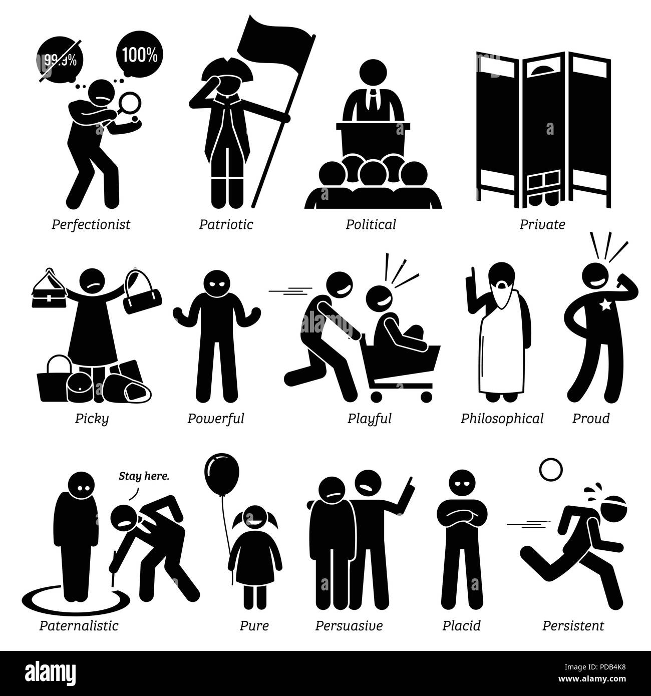 Personalità neutrale tratti caratteriali. Stick figure uomo icone. Iniziando con l'Alfabeto P. Illustrazione Vettoriale