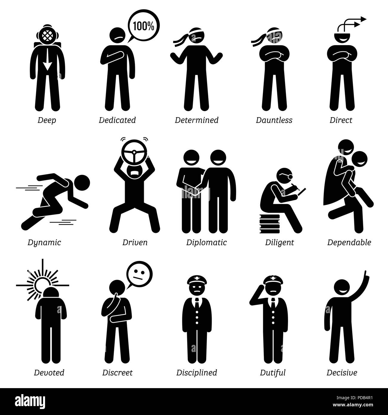 Personalità positivi tratti caratteriali. Stick figure uomo icone. Iniziando con l'Alfabeto D. Illustrazione Vettoriale