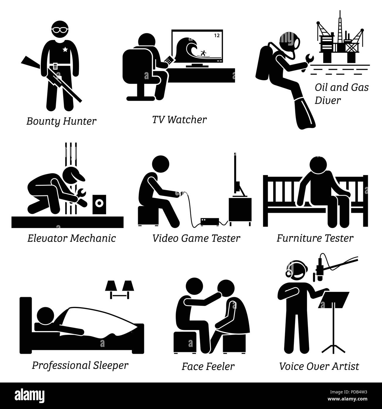 Weird insolito job dispari - Bounty Hunter, TV Watcher, il petrolio e il Gas subacqueo, Ascensore meccanico, Video Game Tester, arredamento, test di traversina, faccia il tastatore, V Illustrazione Vettoriale