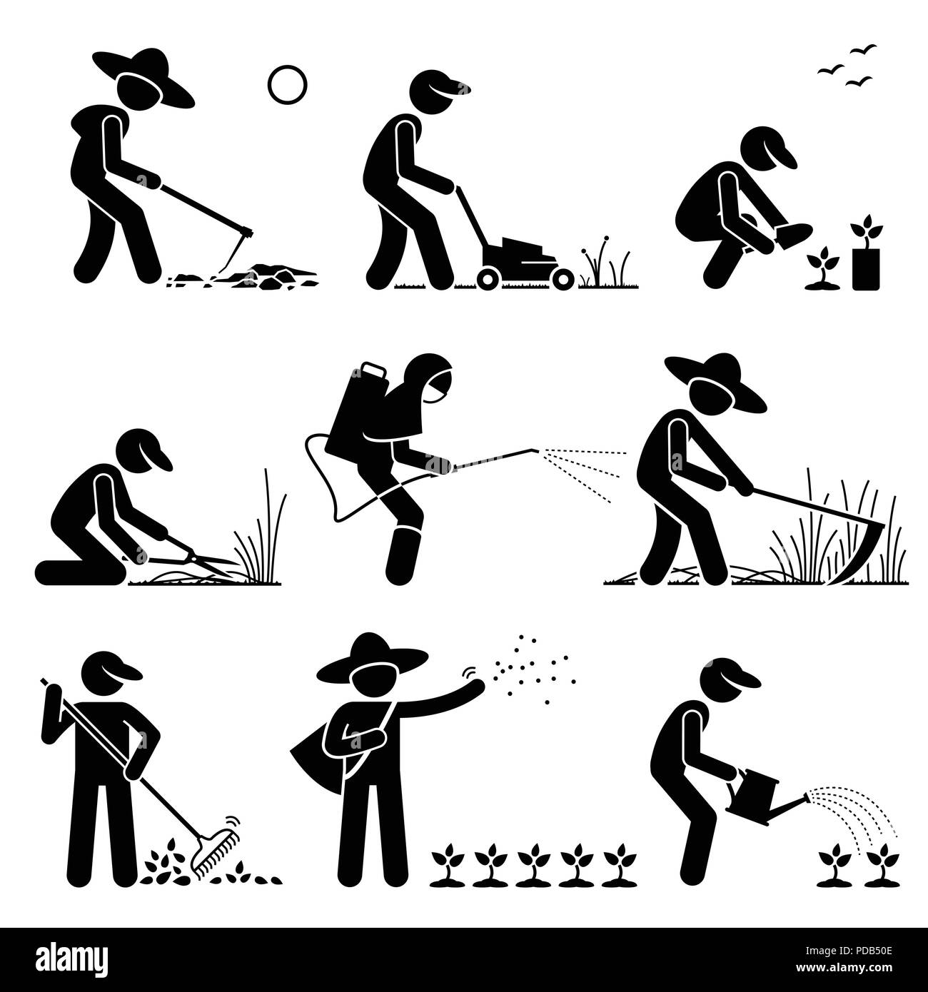 Giardiniere e agricoltore utilizzando utensili da giardinaggio e attrezzature per il lavoro Illustrazione Vettoriale