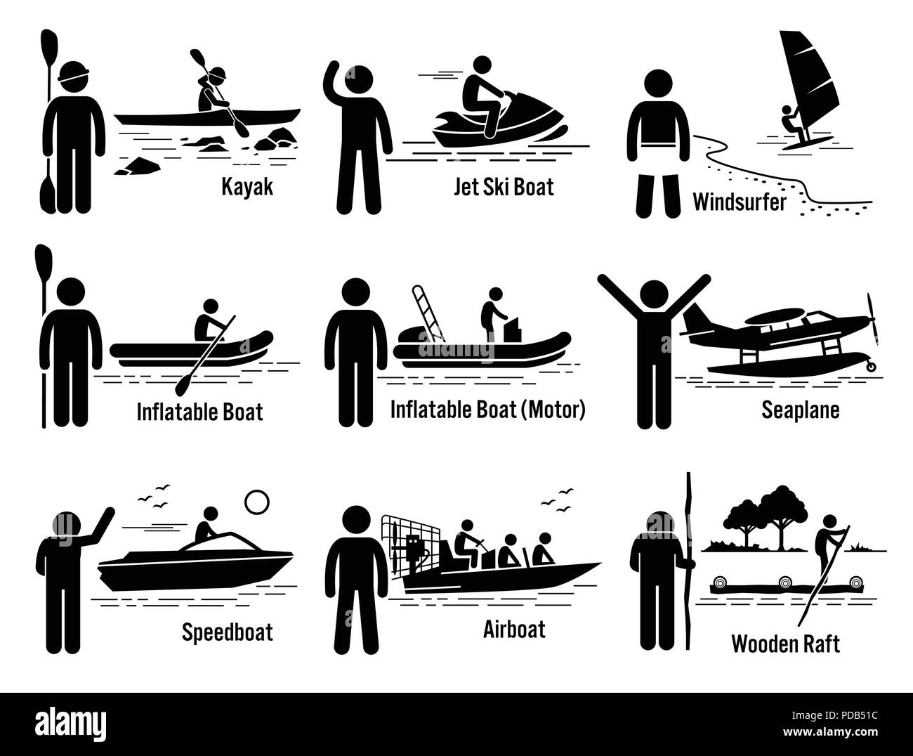 Acqua di mare veicoli ricreativi e set di persone Illustrazione Vettoriale