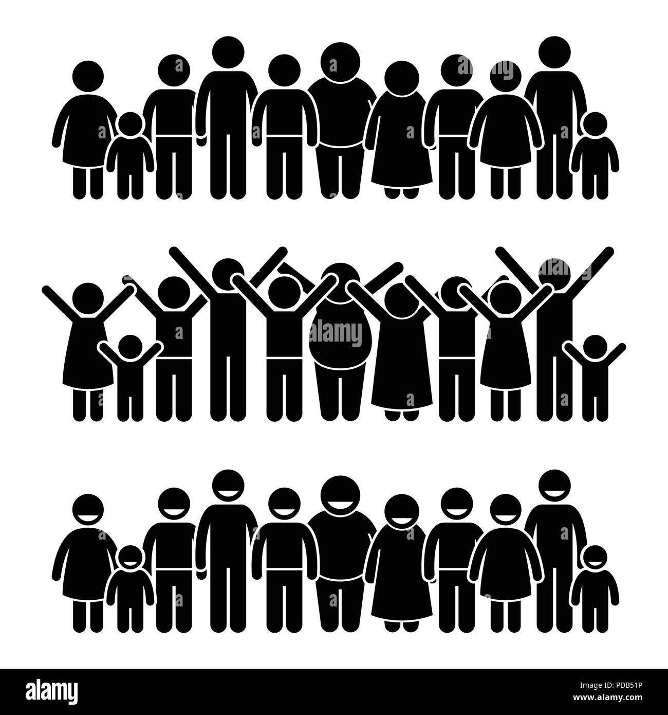 Gruppo di bambini felici in piedi sorridente e alzando le mani Stick figura il pittogramma icone Illustrazione Vettoriale