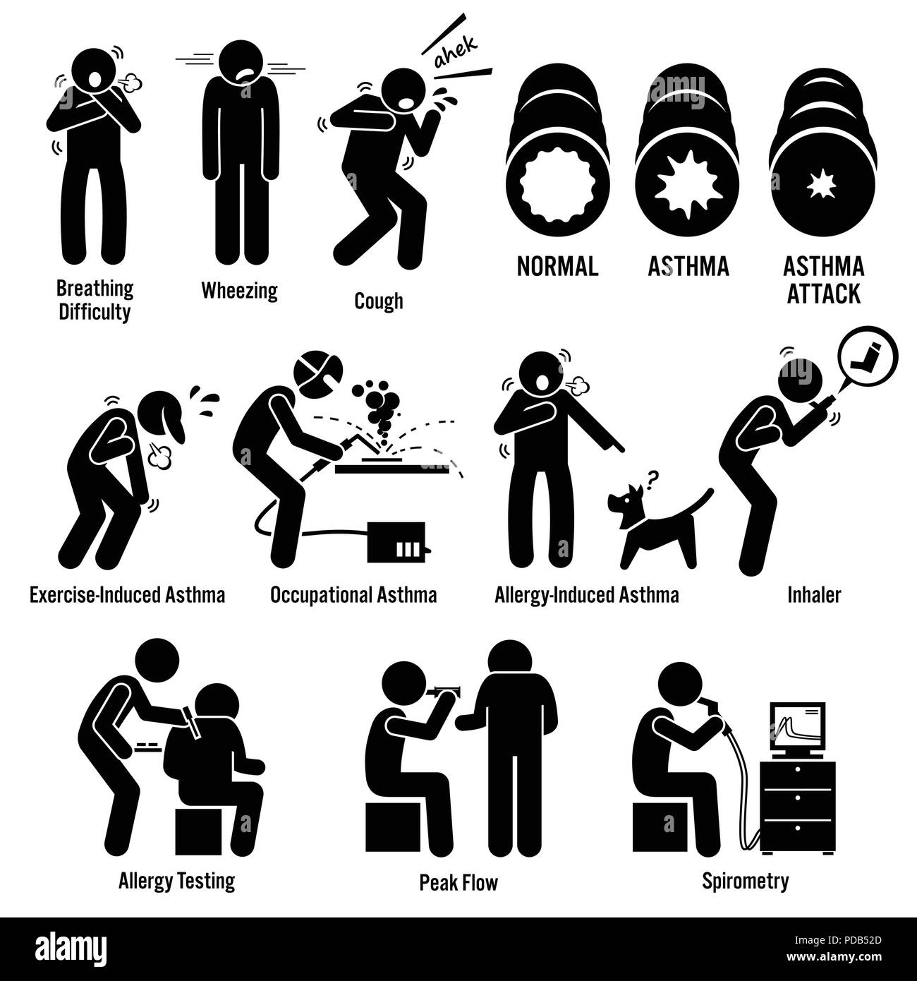 Asma malattia Stick figura il pittogramma icone Illustrazione Vettoriale