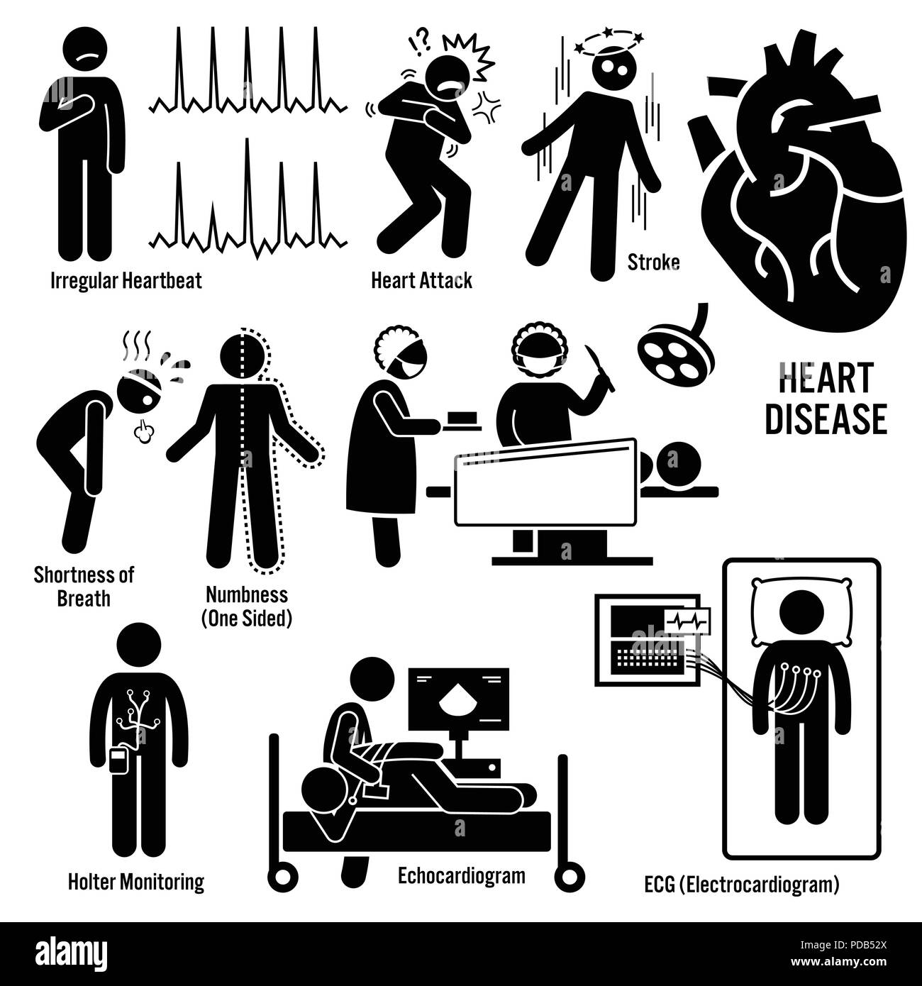 Malattia cardiovascolare attacco di cuore arteria coronaria malattia i sintomi fa sì che i fattori di rischio la diagnosi Stick figura il pittogramma icone Illustrazione Vettoriale