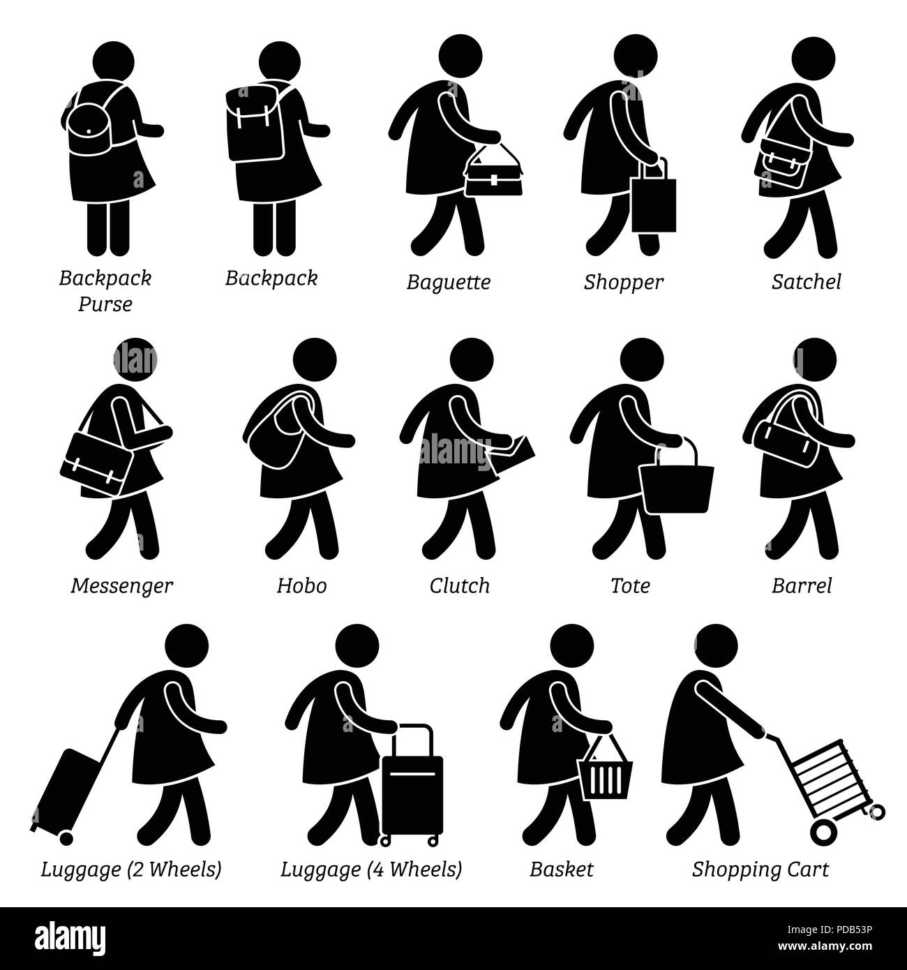 Tipo di donna femmina borsa borse portafogli e bagagli Stick figura il pittogramma icone Illustrazione Vettoriale