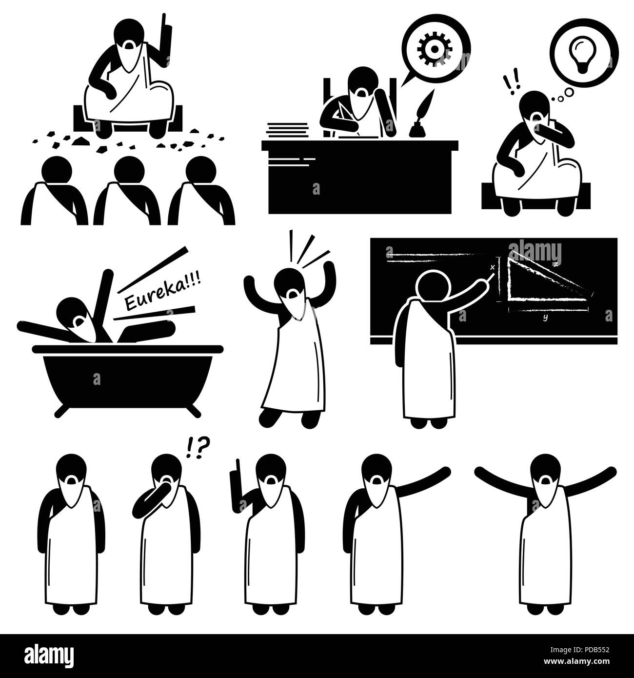 Antico filosofo greco scienziato vecchio uomo Stick figura il pittogramma icone Illustrazione Vettoriale