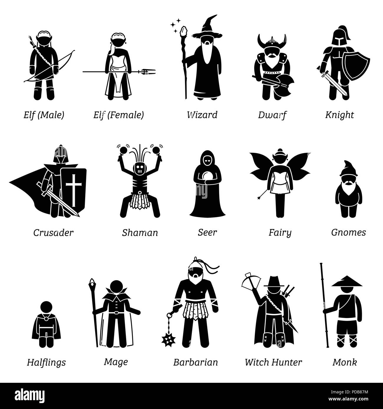 Antico borgo medioevale personaggi di fantasia di classi e guerrieri icon set. Illustrazione Vettoriale
