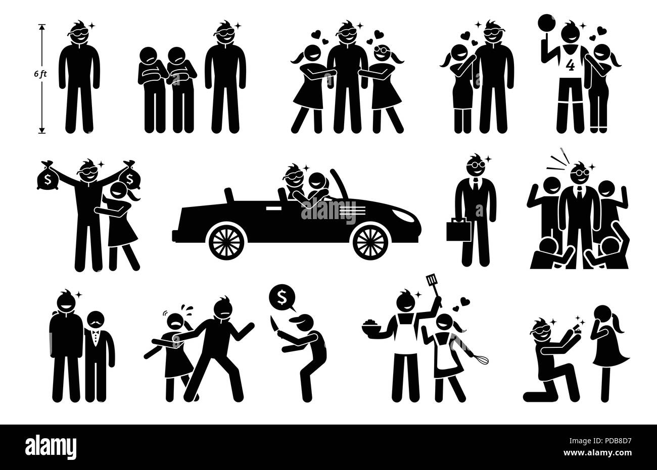 L'uomo perfetto e il marito. Stick figura illustra un alto, ricca, successo, macho, e romantica che l uomo è amato da donna e moglie. Illustrazione Vettoriale