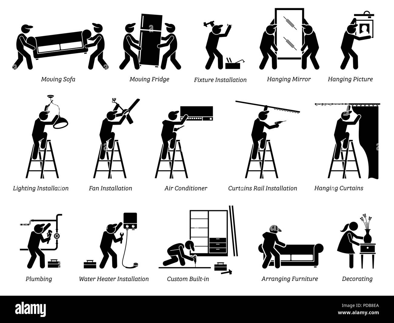 L'installazione di Home infissi e decorazioni per la casa icone. Pittogramma raffigura l'installazione di home infissi, spostando l'arredamento e la decorazione di spazio abitativo. Illustrazione Vettoriale