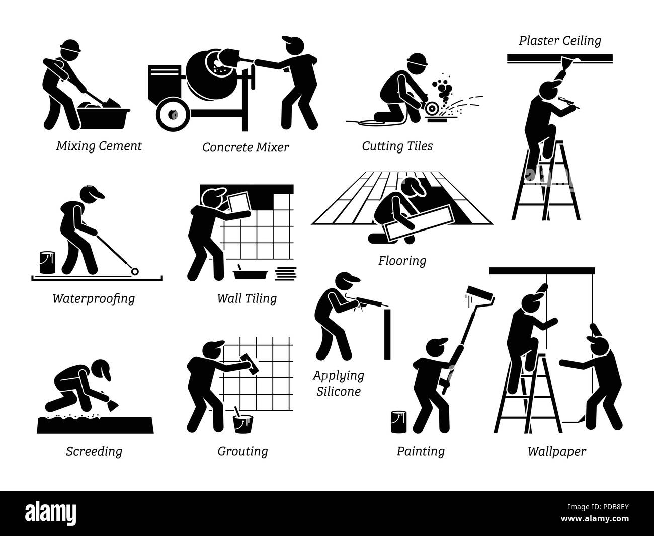 Miglioramento di casa e casa di ristrutturazione icone. Pittogramma raffigura i lavoratori e gli specialisti rinnovamento, aggiornamento e riparazione di un edificio. Illustrazione Vettoriale