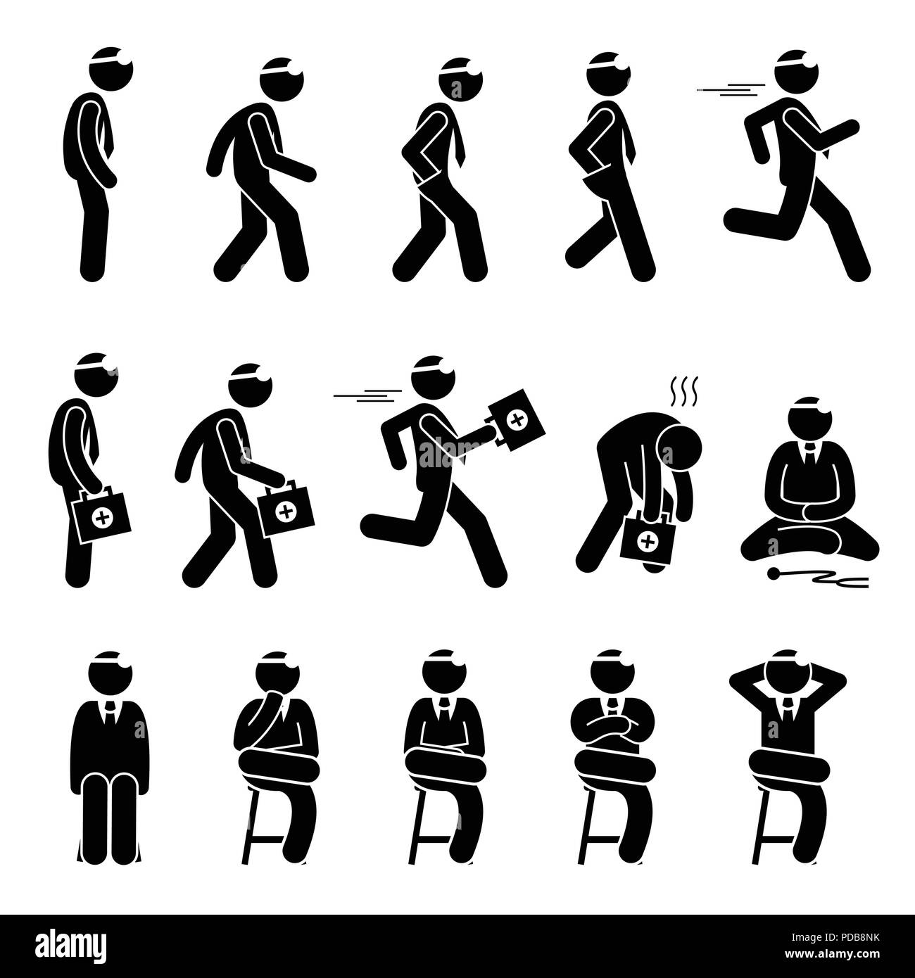 Medico di base dei movimenti e azioni. Stick figura il pittogramma raffigura un medico in piedi, camminando in esecuzione e seduta. Illustrazione Vettoriale