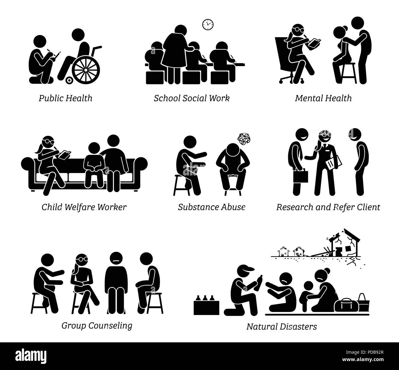 Lavoratori Sociali Stick figura il pittogramma icone. Illustrazione Vettoriale