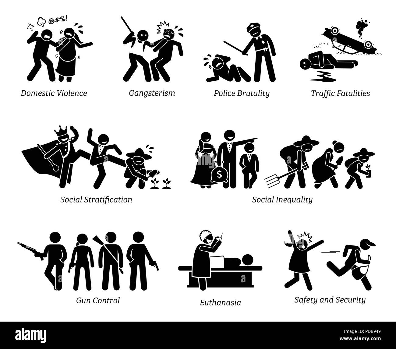 Problemi sociali e questioni critiche Stick figura il pittogramma icone. Illustrazione Vettoriale