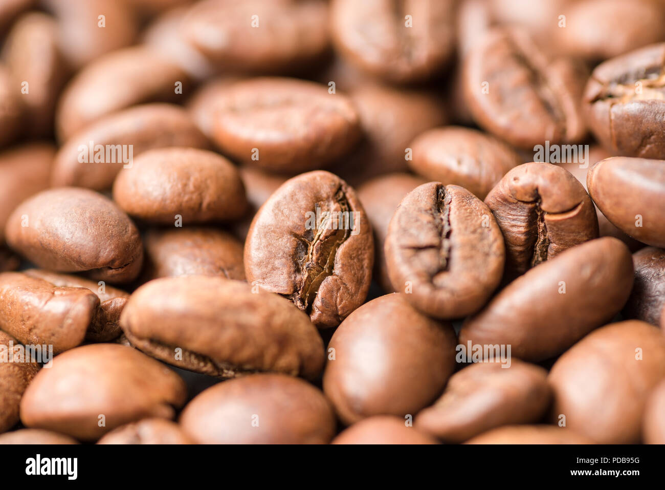 Chicco di caffè vicino. Molti caffè torrefatto in grani è vista dal di sopra Foto Stock