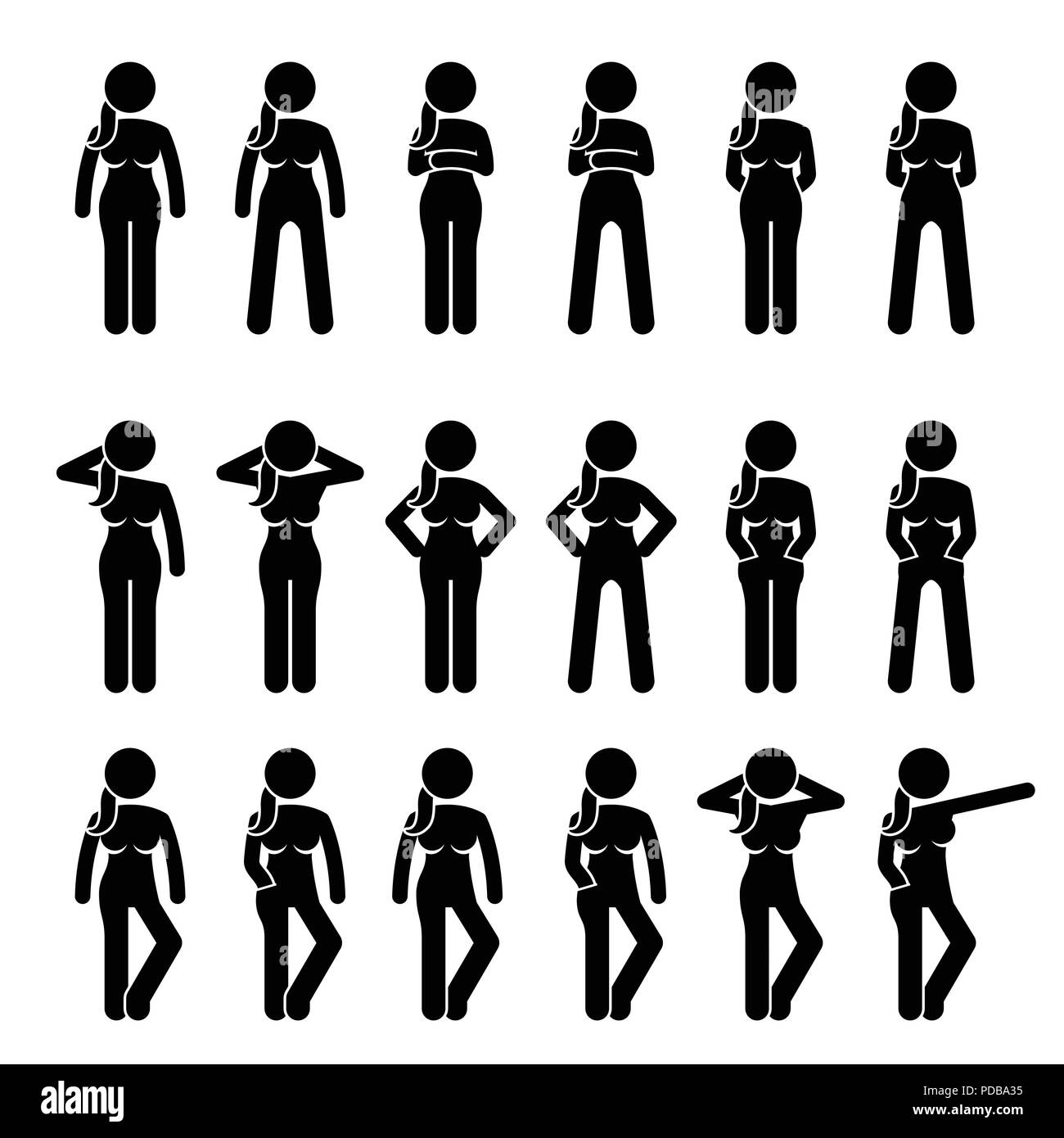 Basic Woman Standing posture e pone. Illustrazione Vettoriale