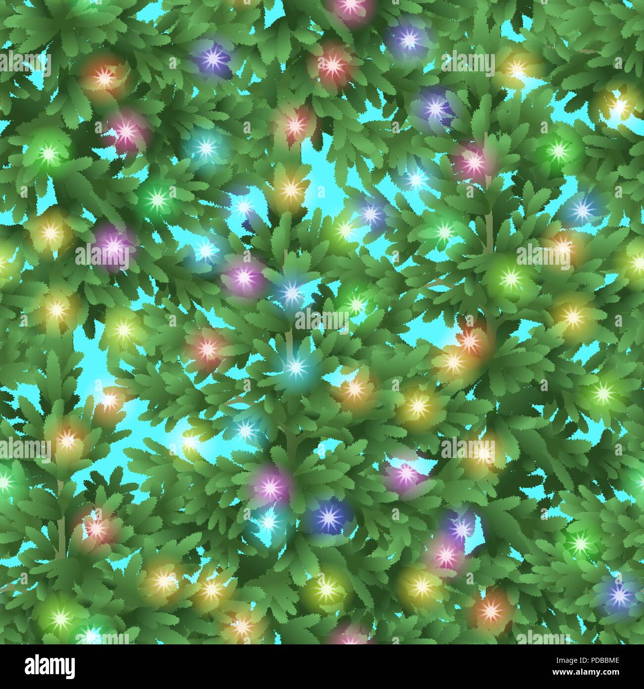 Natale sfondo senza giunture, verde degli abeti, cielo blu e stelle colorate, Piastrella Holiday Pattern. Vettore Illustrazione Vettoriale