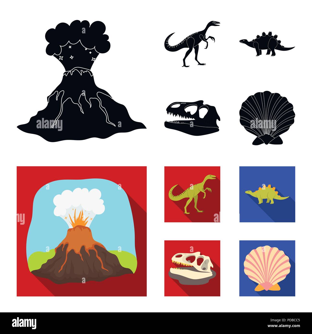 Eruzione vulcanica, gallimimus, stegosaurus,teschio di dinosauro. Dinosauro e periodo preistorico set di icone di raccolta in nero, piatto stile simbolo vettore sto Illustrazione Vettoriale