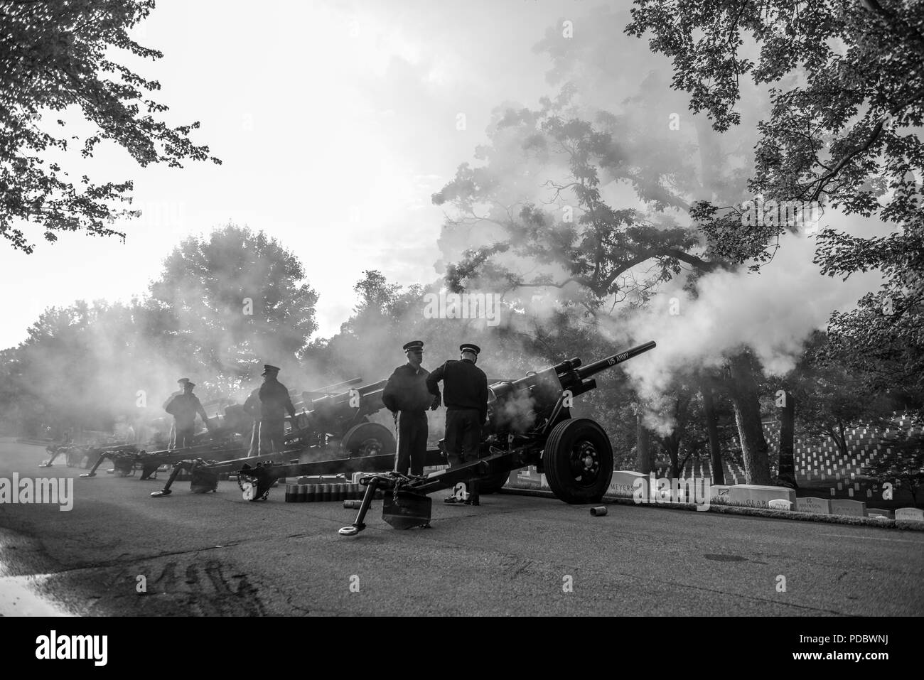 I soldati della 3d U.S. Reggimento di Fanteria (la vecchia guardia) presidenziale batteria salutano condurre uno sbozzato fire Crew trapanare accanto alla sezione 37 presso il Cimitero Nazionale di Arlington Arlington, Virginia, 7 agosto 2018. Il plotone degli incendi cannon saluta in onore del Presidente degli Stati Uniti, visitando dignitari stranieri e gli ospiti ufficiali degli Stati Uniti. La sua missione principale è quella di rendere onore a cerimonie militari compresi i funerali a ANC. Il plotone è dotato di dieci M5, 75mm antitank cannoni montati sulla M6 obice carrello. (U.S. Foto dell'esercito da Elizabeth Fraser / Arlington Nati Foto Stock