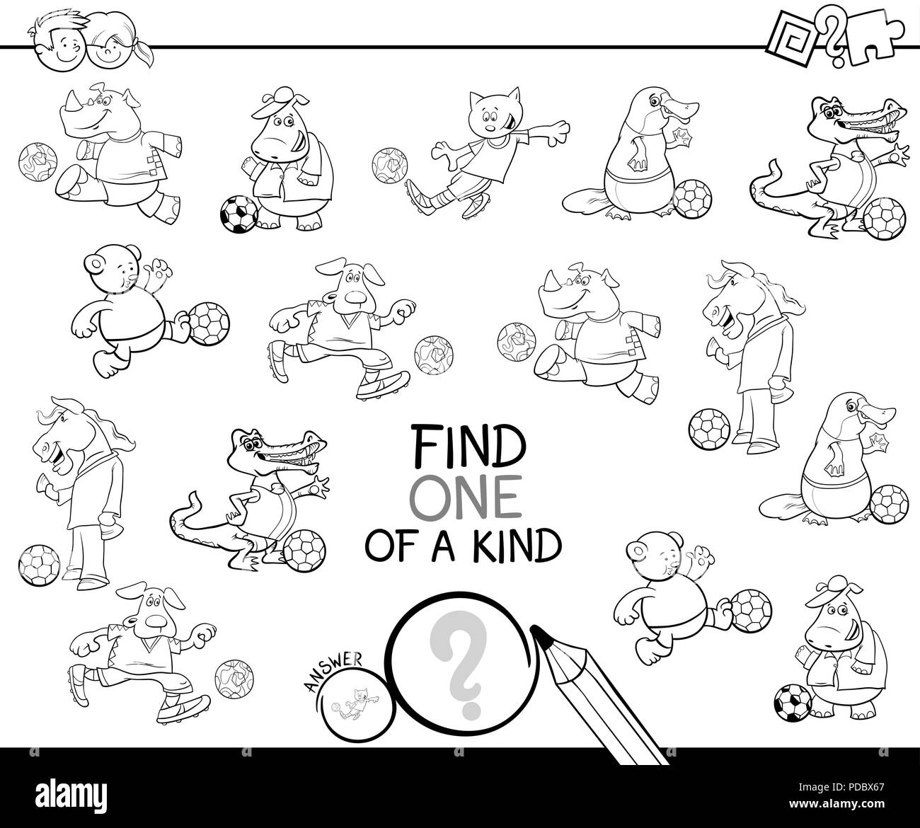 Bianco e Nero Cartoon illustrazione di trovare un tipo di immagine attività didattica gioco per bambini con animali i giocatori di calcio caratteri Colo Illustrazione Vettoriale