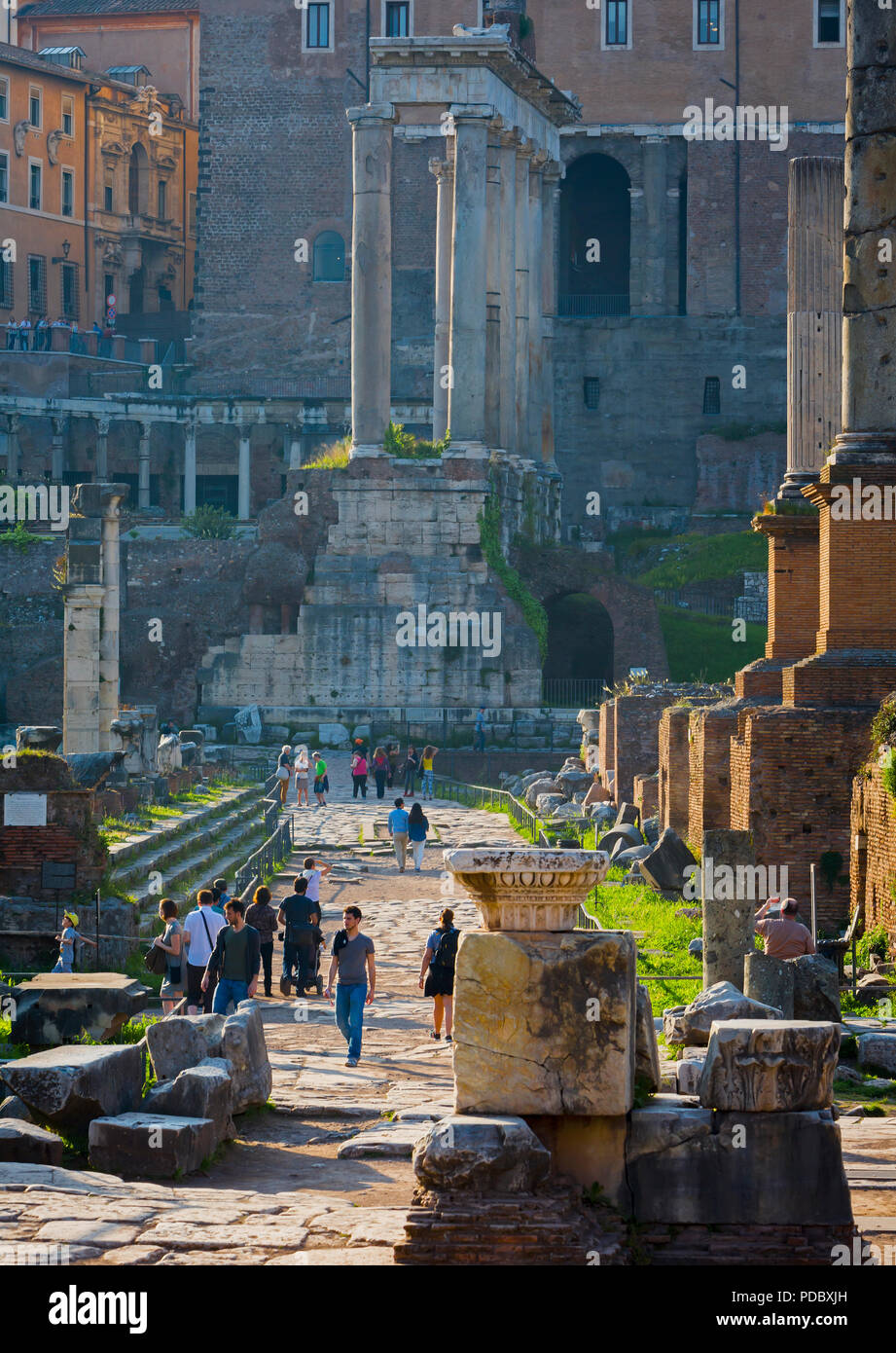 Roma, Italia. Il Foro Romano con il Tempio di Saturno (Tempio di Saturno) in background. Foto Stock