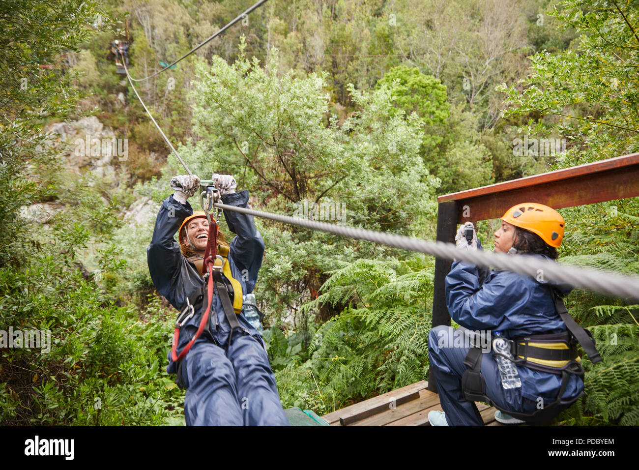 Donna fodera zip sopra gli alberi Foto Stock