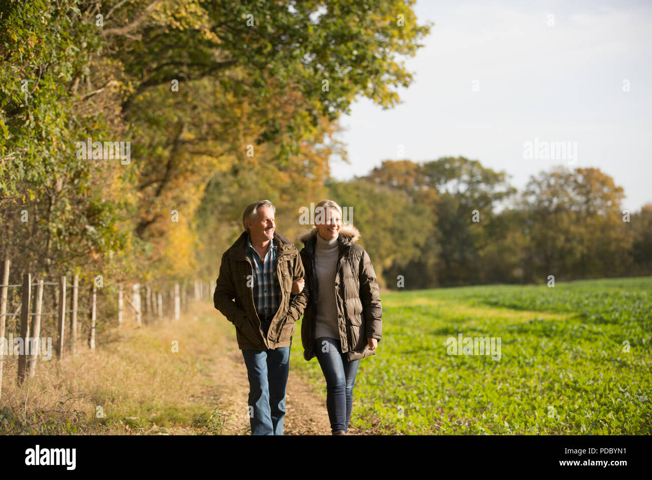 Coppia matura camminando a braccetto nella soleggiata, rurale campo di autunno Foto Stock