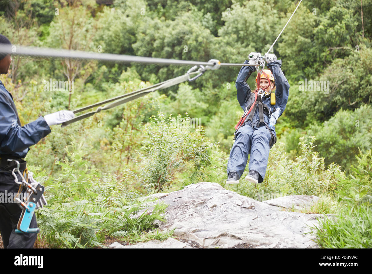 Donna fodera zip tra alberi Foto Stock