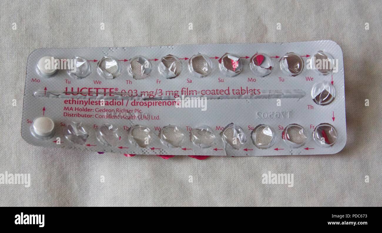 Lucette è una pillola contraccettiva orale, spesso indicata come la pillola per il controllo delle nascite o la pillola, che è usato per prevenire la gravidanza Foto Stock