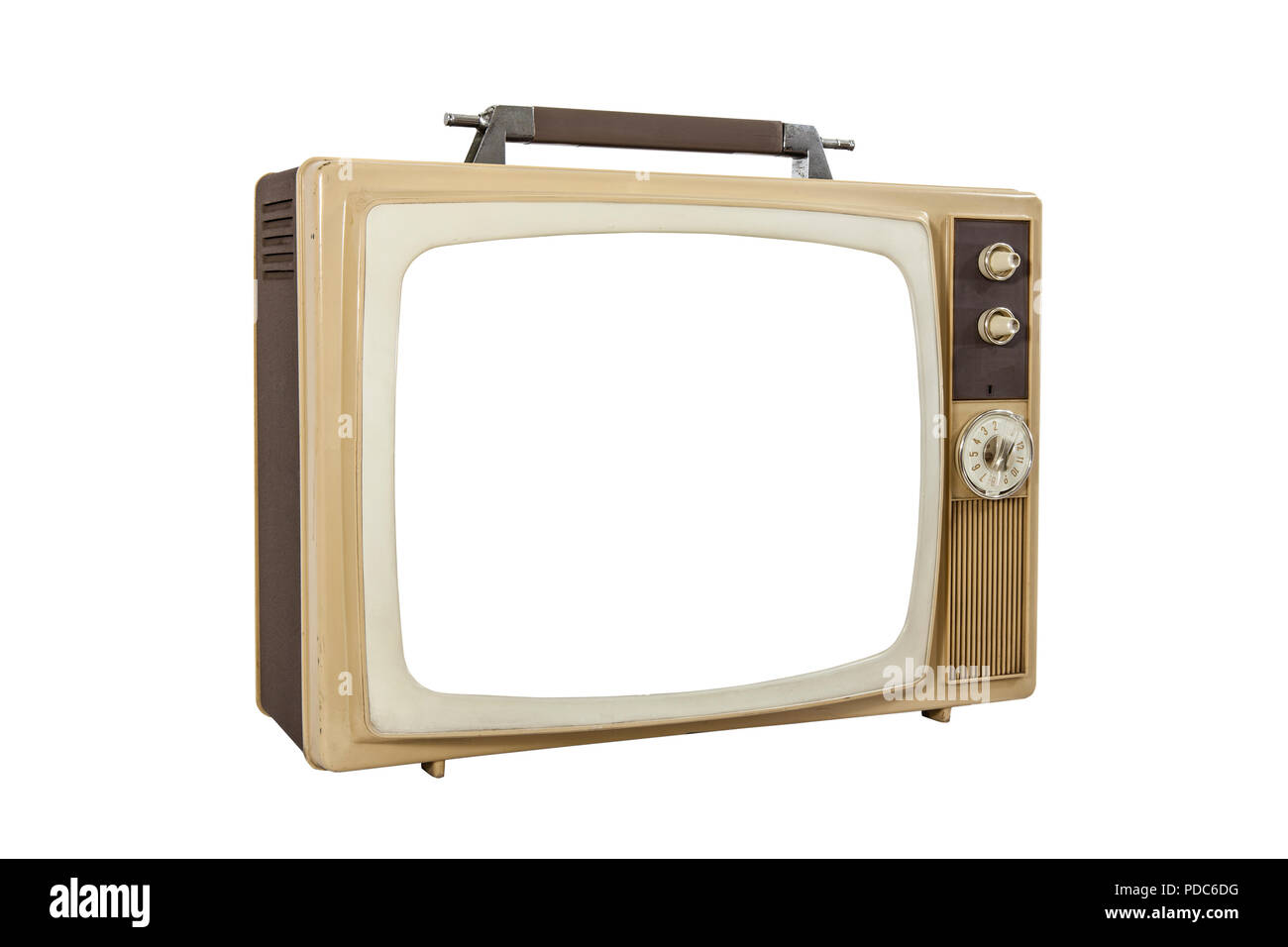 Vintage televisore portatile isolato su bianco con taglio fuori schermo. Foto Stock