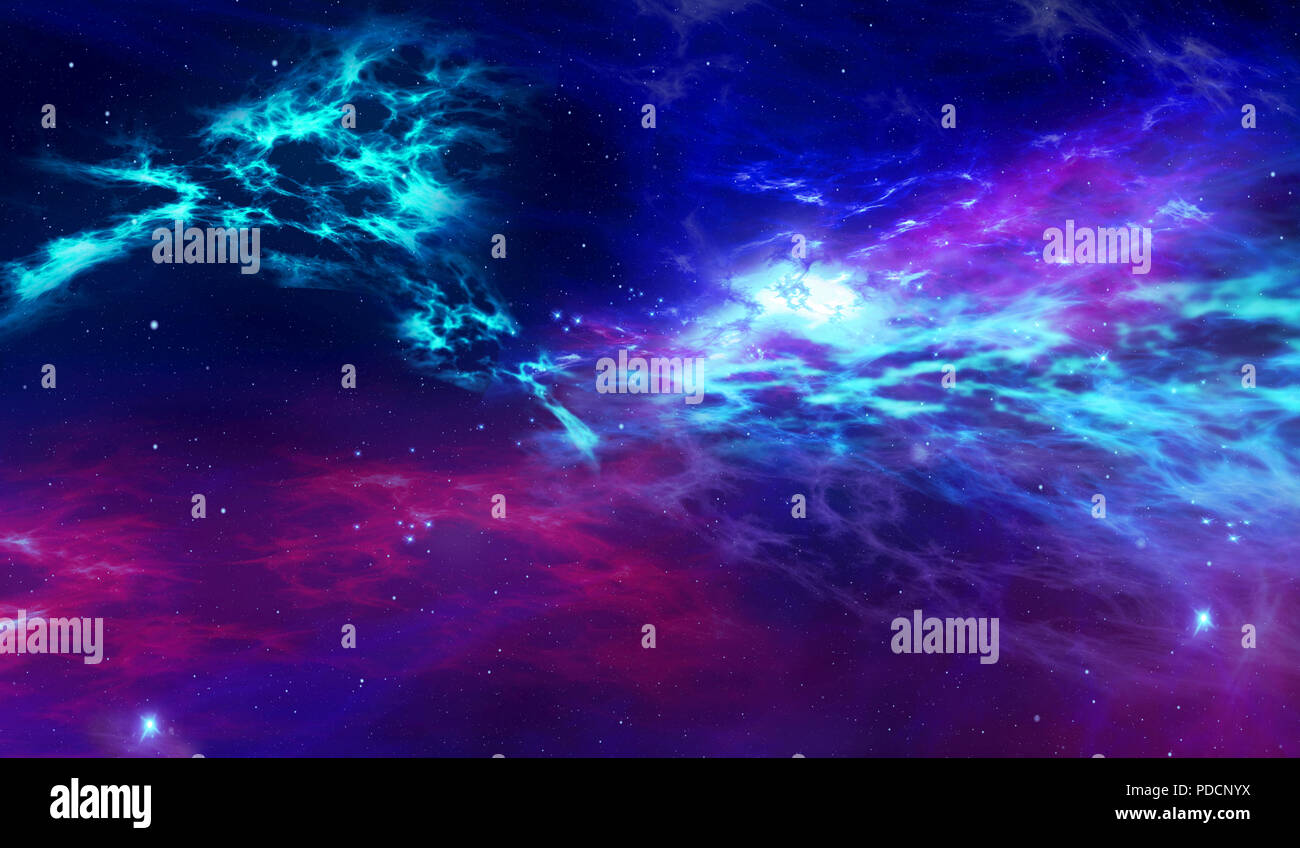 Il cosmo con stelle nascita nella nebulosa nuvole. Abstract Galaxy 3D'illustrazione. Concetto di viaggio spaziale e di esplorazione. Foto Stock