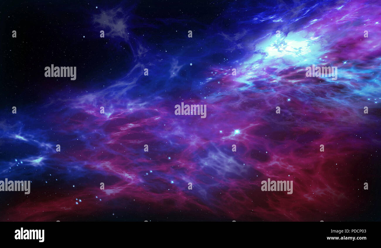 Il cosmo con stelle nascita nella nebulosa nuvole. Abstract Galaxy 3D'illustrazione. Concetto di viaggio spaziale e di esplorazione. Foto Stock