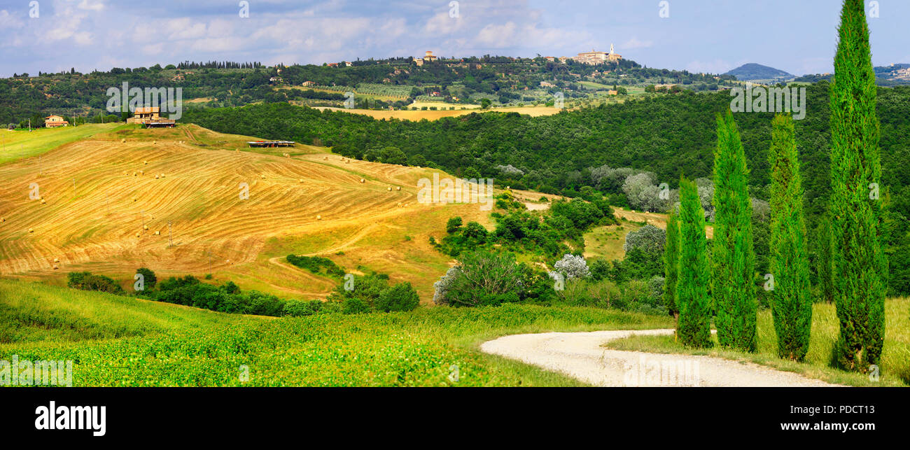 Impressionante paesaggio autunnale,vista con cipressi e campi,Val d' Orcia,Toscana,l'Italia. Foto Stock