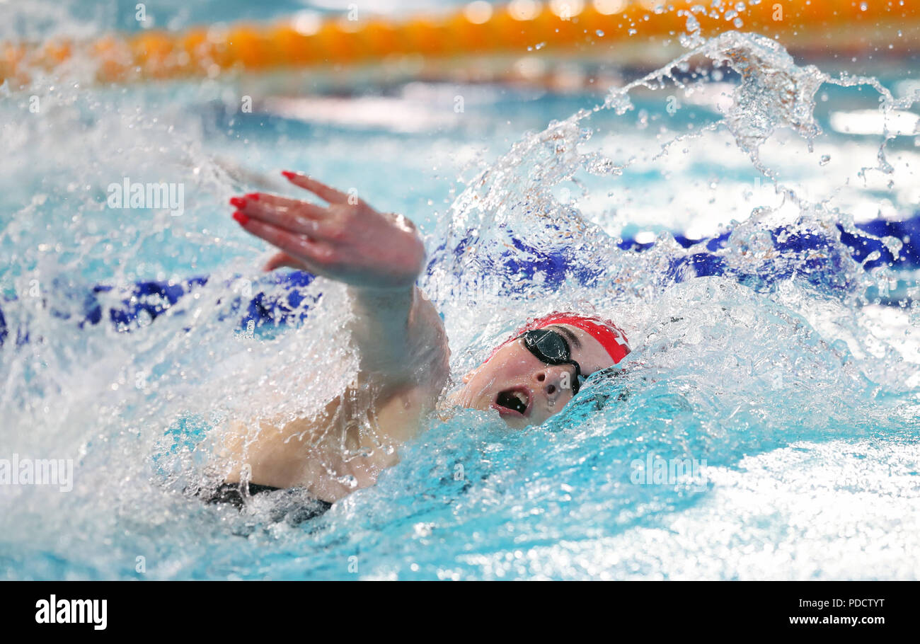 Gran Bretagna Freya Anderson in donne 100m Freestyle Finale durante il giorno sette del 2018 Campionati Europei a Tollcross International centro nuoto, Glasgow. Foto Stock
