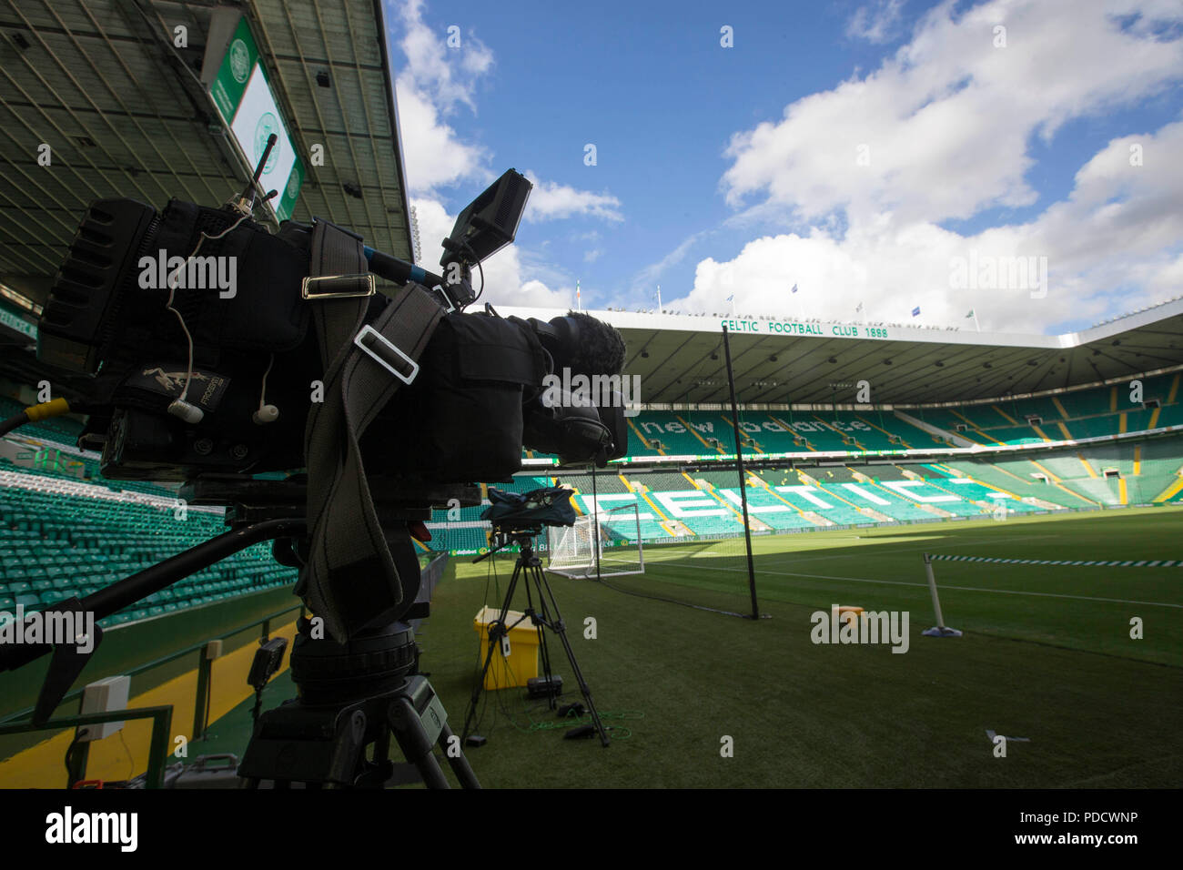Vista generale di attrezzatura fotografica prima della UEFA Champions League terzo turno di qualificazione, la prima gamba corrispondono al Celtic Park di Glasgow. Stampa foto di associazione. Picture Data: Mercoledì 8 Agosto 2018. Vedere PA storia celtica di calcio. Foto di credito dovrebbe leggere: Jeff Holmes/PA FILO Foto Stock