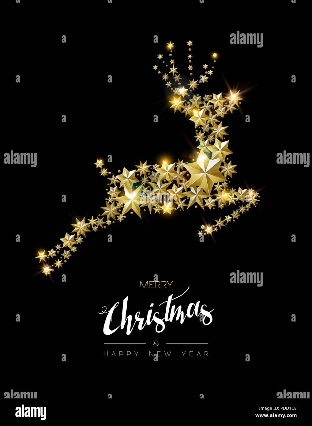 Buon Natale e Felice Anno Nuovo elegante biglietto di auguri con le renne illustrazione fatta di stelle d'oro. Vacanze di lusso deer design. EPS10 vettore. Illustrazione Vettoriale