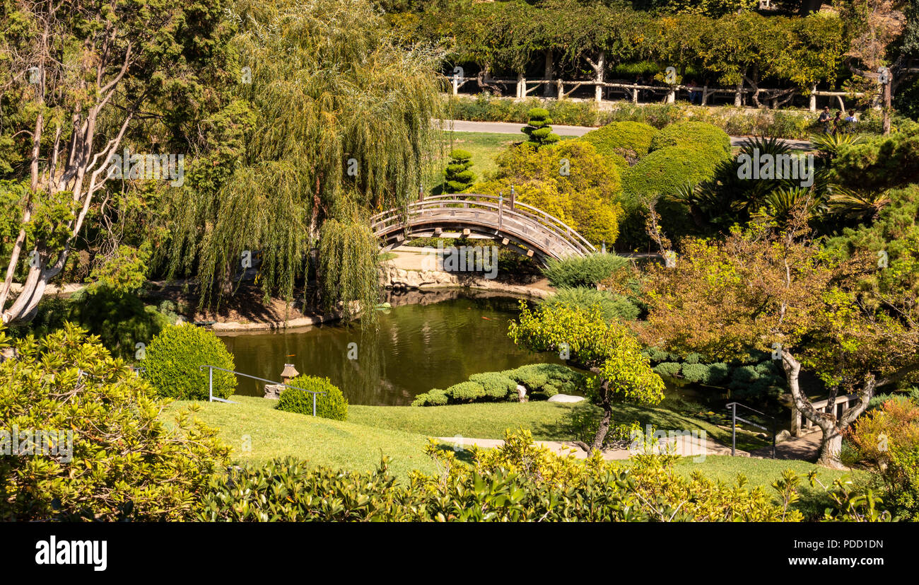 Un ponte su un laghetto in Biblioteca di Huntington Botanical Gardens. Foto Stock