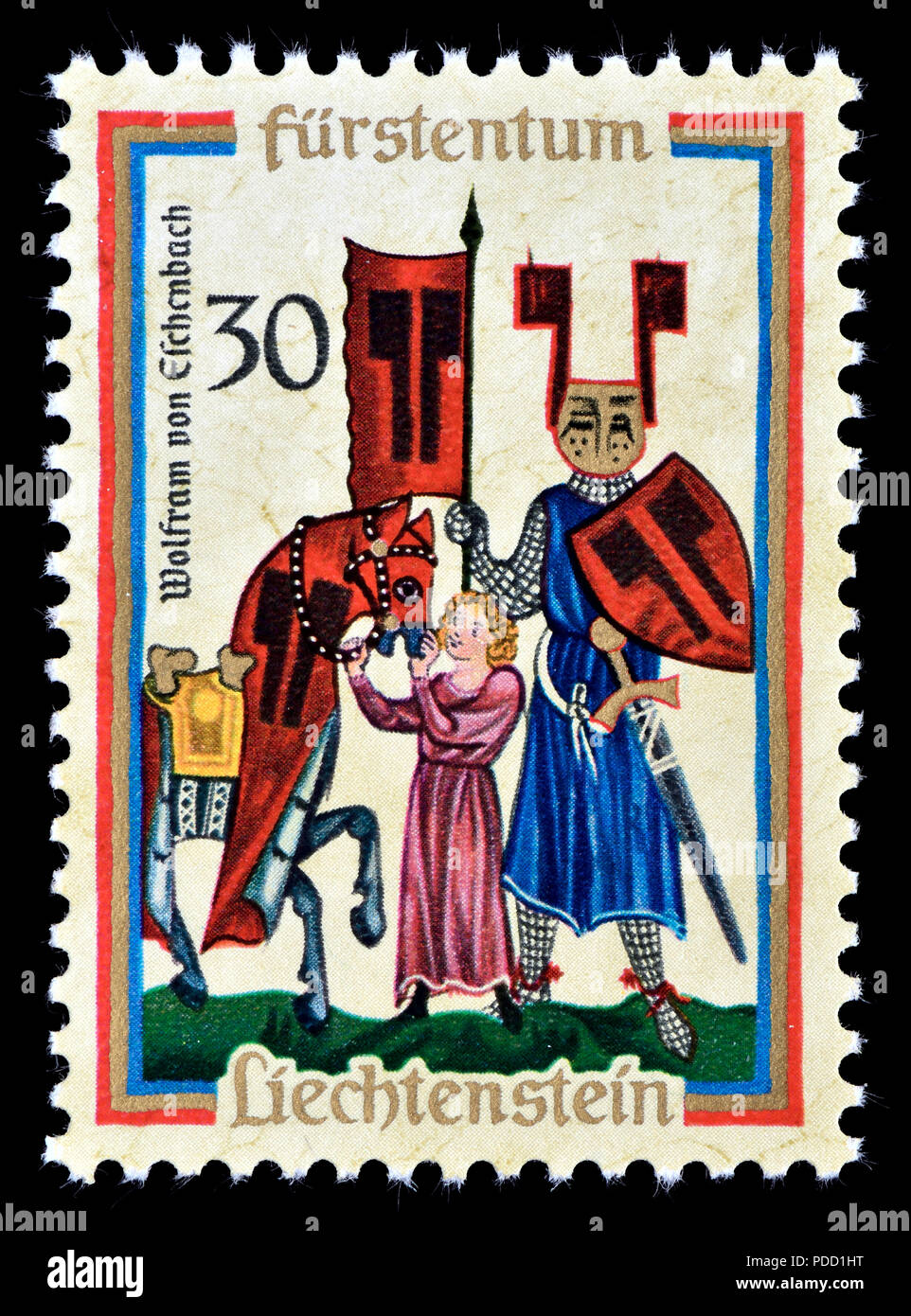Il Liechtenstein francobollo (1970): ottocentesimo anniversario della nascita di Wolfram von Eschenbach (c.1170 - c.1220) Cavaliere tedesco, poeta epico e Minnesinge Foto Stock