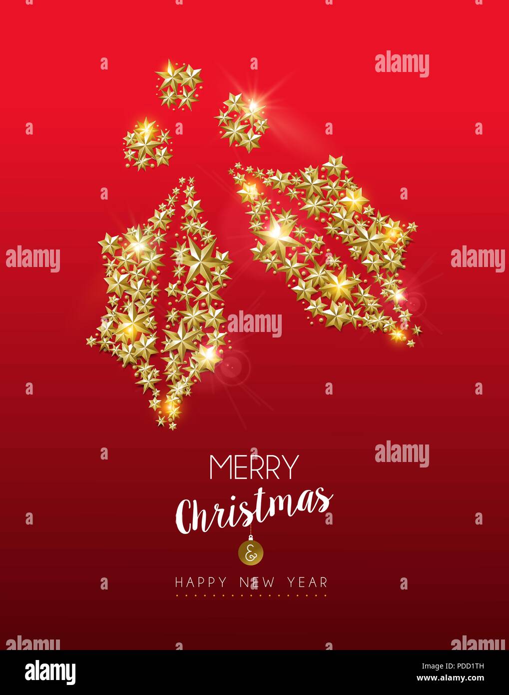 Buon Natale e Felice Anno Nuovo elegante biglietto di auguri con holly leaf illustrazione fatta di stelle d'oro. Vacanze di lusso design party. EPS10 vettore. Illustrazione Vettoriale