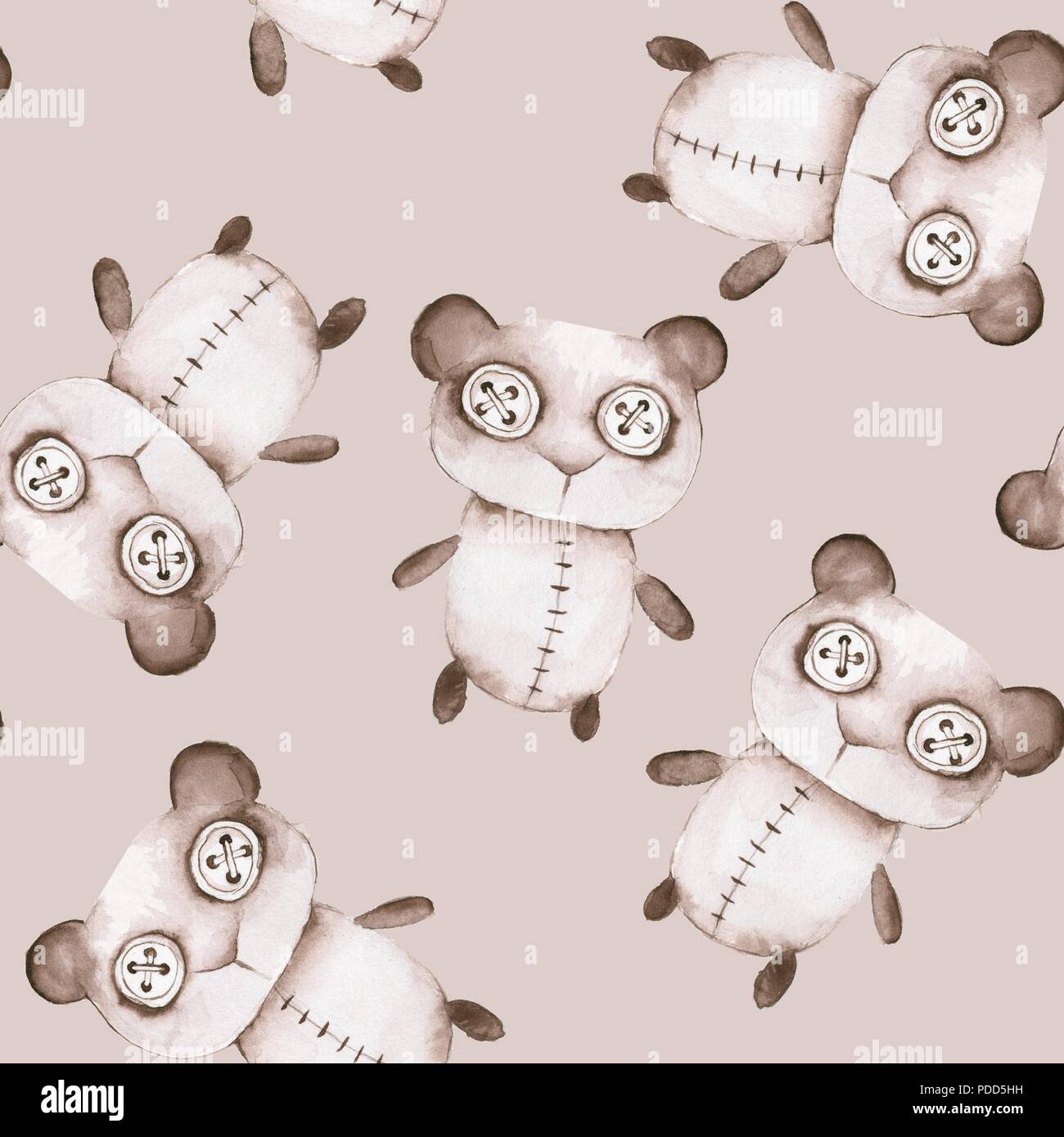 Modello senza cuciture con fatto a mano giocattoli. Acquerello creepy orsacchiotto Foto Stock