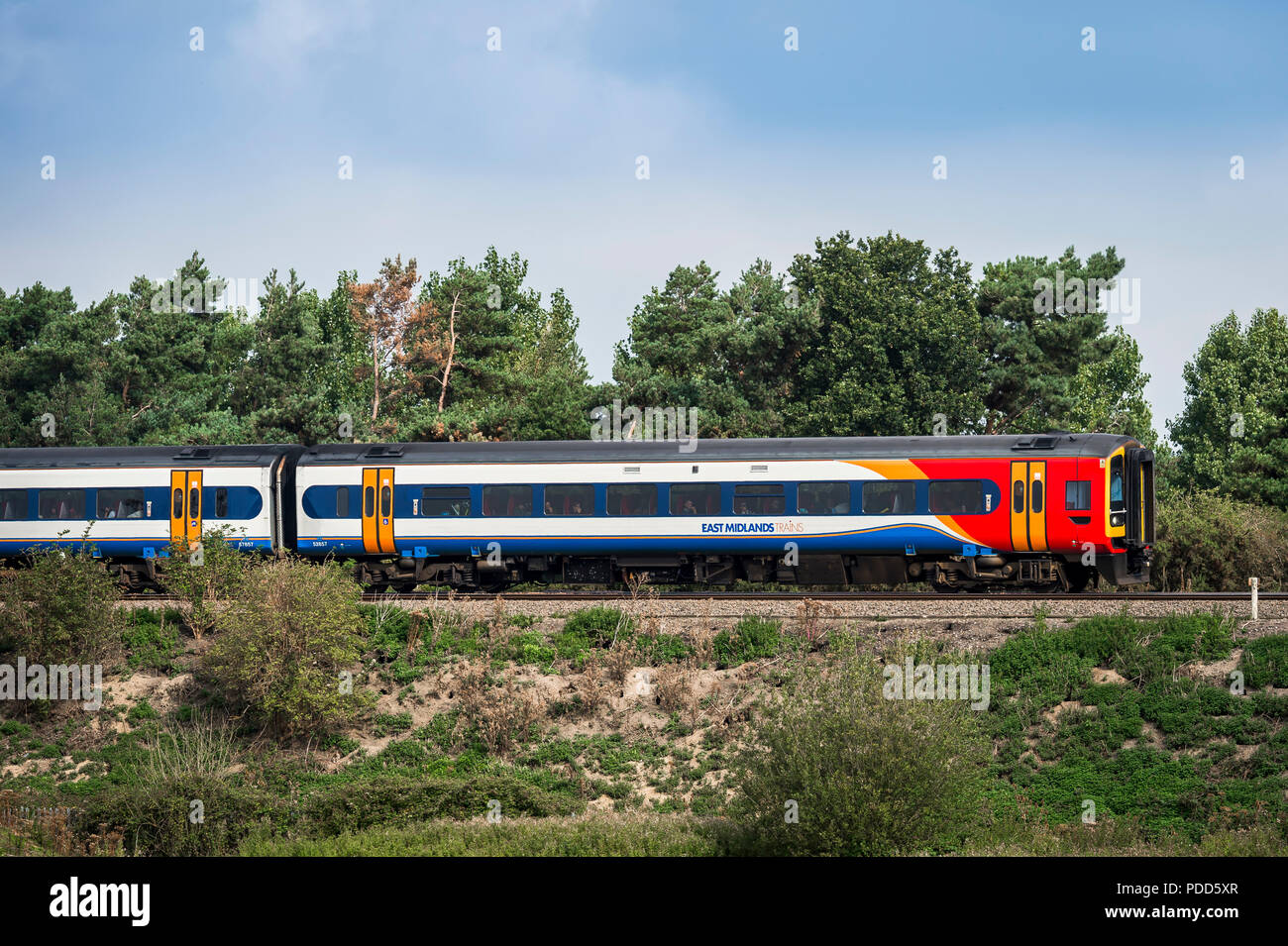 In treno in East Midlands livrea treni che viaggiano attraverso la campagna inglese e in una giornata di sole. Foto Stock
