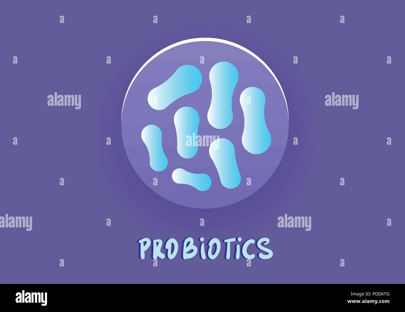 Batteri probiotici con il logo rotondo. Batteri terapeutici organismi. Nutrizione sana ingredien con caratteri. Sfondo biologico. Vector illus Illustrazione Vettoriale