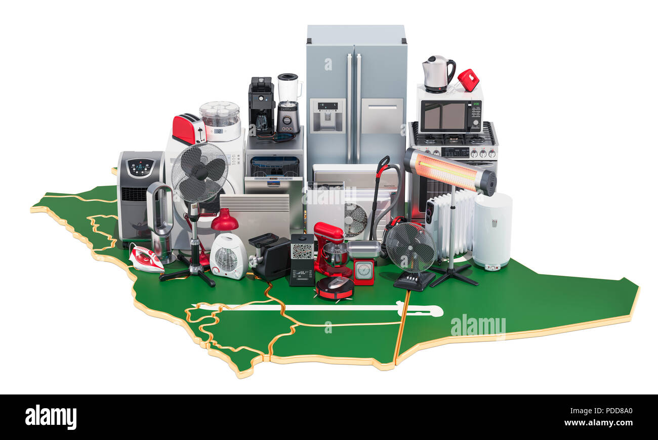 Mappa di Arabia Saudita con la casa e la cucina elettrodomestici, 3D rendering isolati su sfondo nero Foto Stock