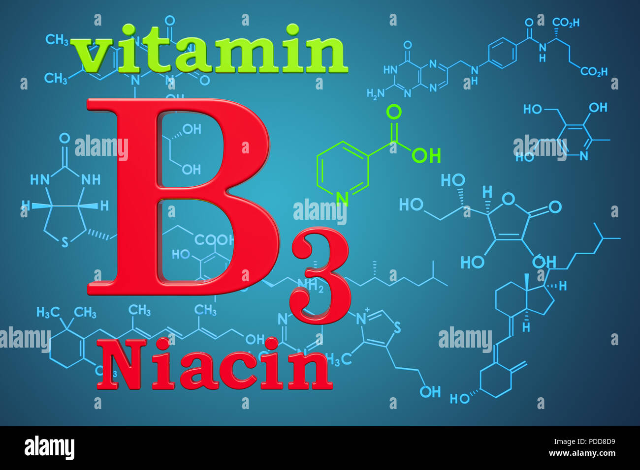 La vitamina B3, niacina. Formula chimica, la struttura molecolare. Il rendering 3D Foto Stock