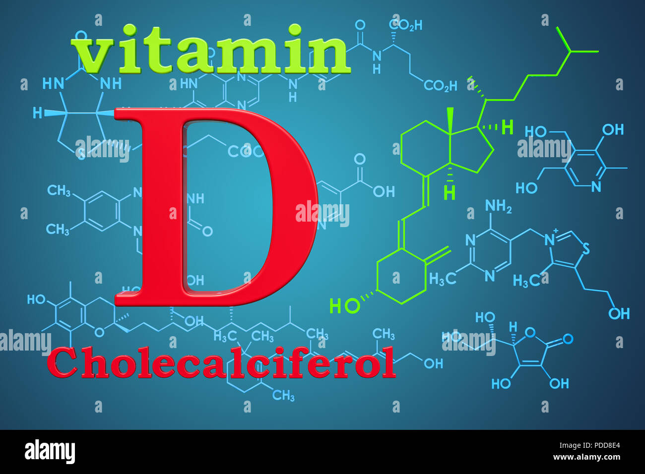La vitamina D, colecalciferolo. Formula chimica, la struttura molecolare. Il rendering 3D Foto Stock