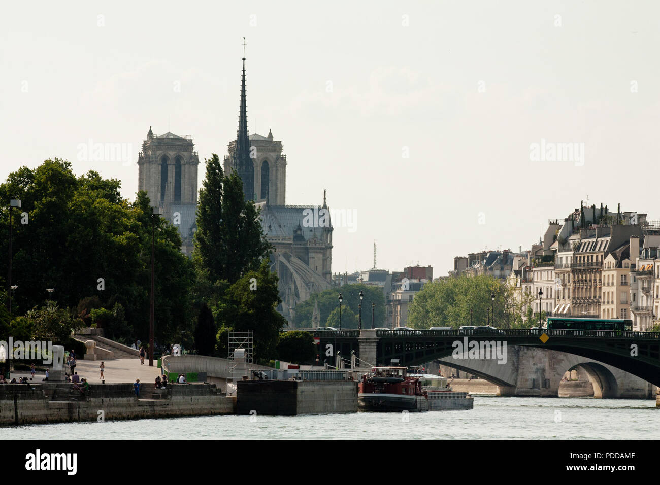 Paesaggio urbano di Parigi dal fiume Senna con la cattedrale di Notre Dame visto da lontano Foto Stock