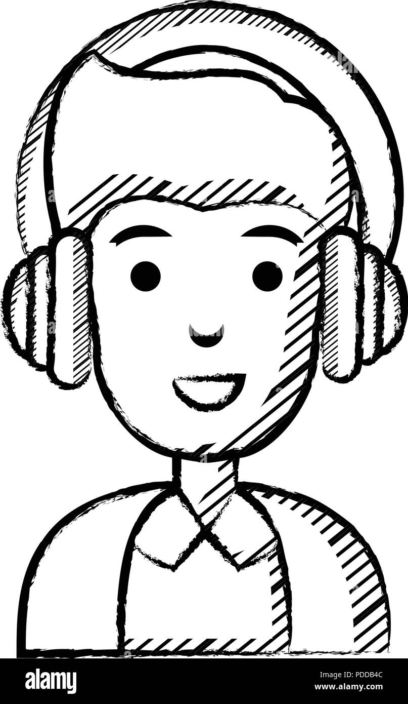 Cartoon uomo con le cuffie su sfondo bianco, illustrazione vettoriale Illustrazione Vettoriale