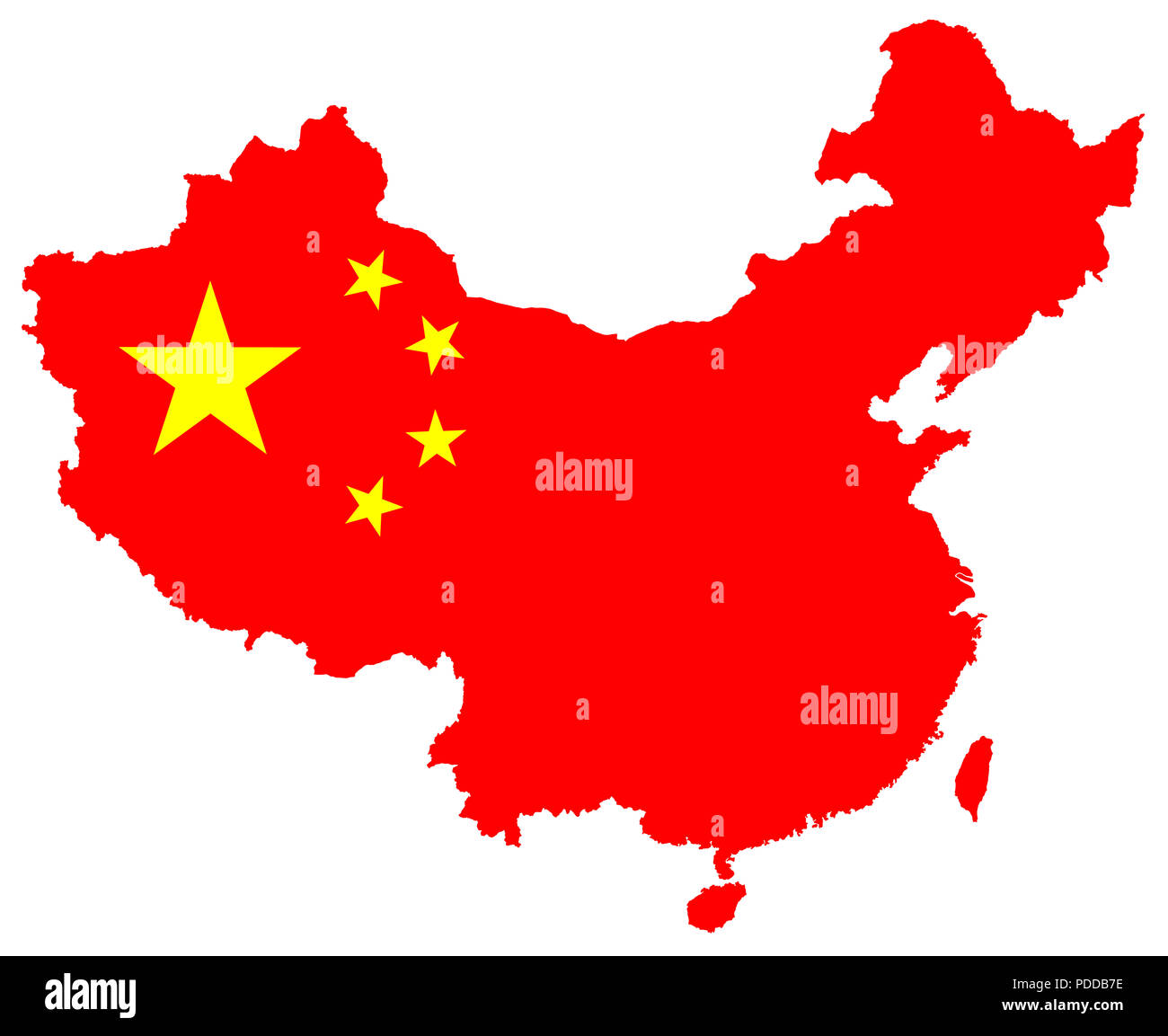 Mappa della Cina con la bandiera nazionale con un tracciato di ritaglio, isolato su sfondo bianco Foto Stock
