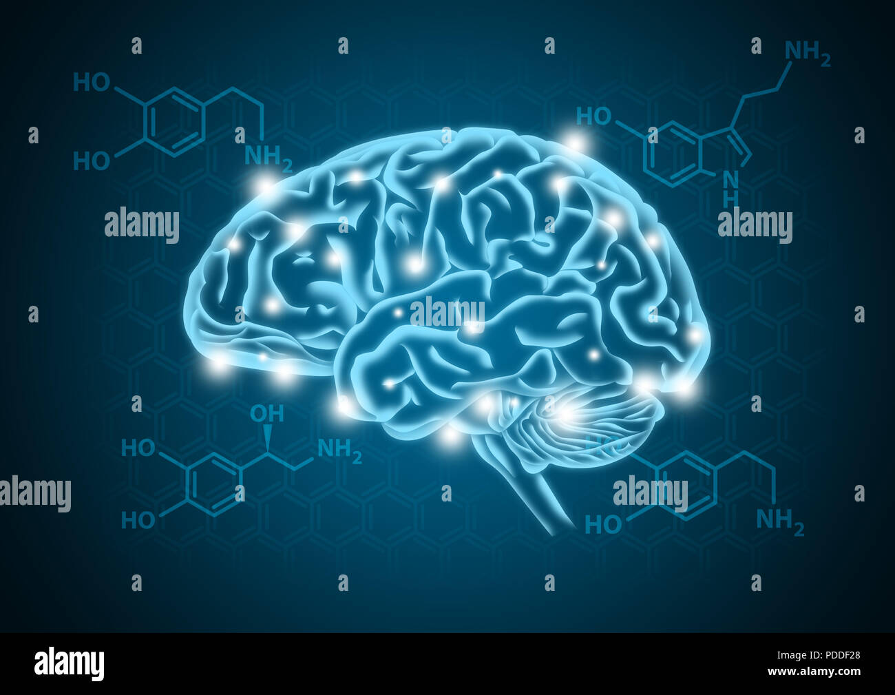 Cervello umano illustrazione con ormone concetto biochimico sfondo Foto Stock