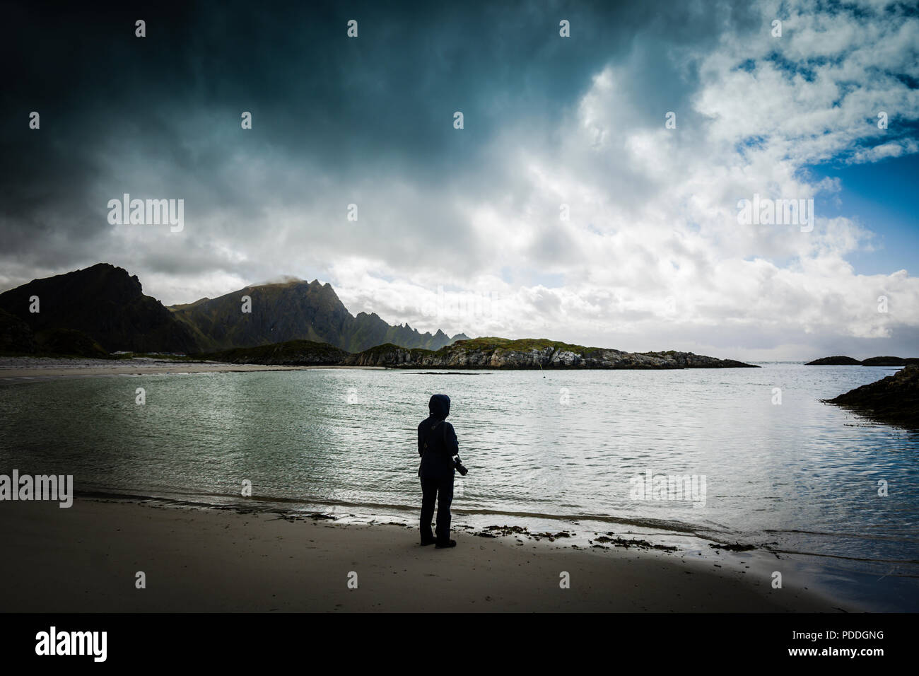 Lone femmina in un giorno di tempesta a Andenes beach, Vesteralen, Norvegia. Foto Stock