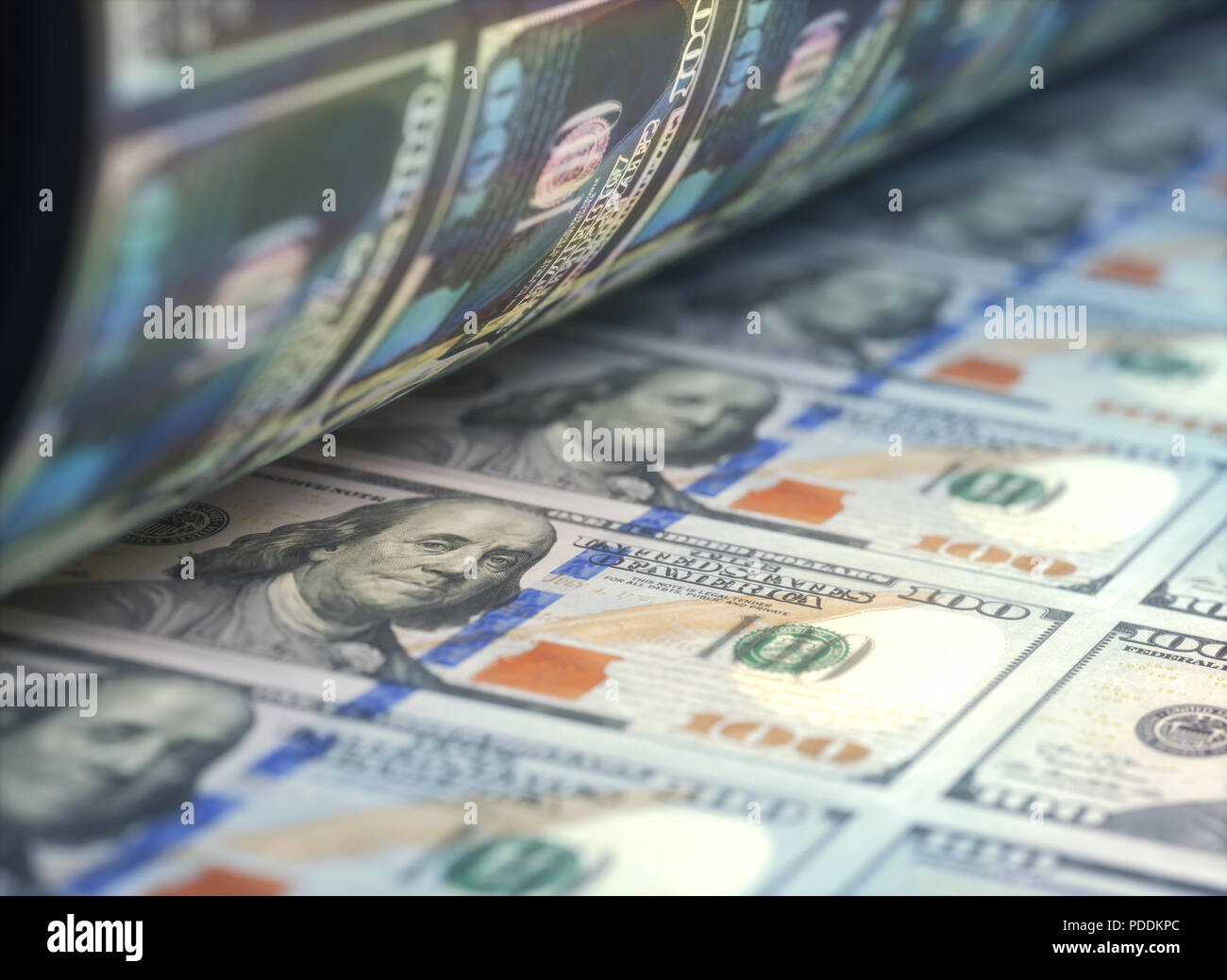 La stampa US Dollar Bills. Concetto di economia negli Stati Uniti, di acquisto e di vendita di banconote in tutto il mondo. Finanza globale e business. Foto Stock